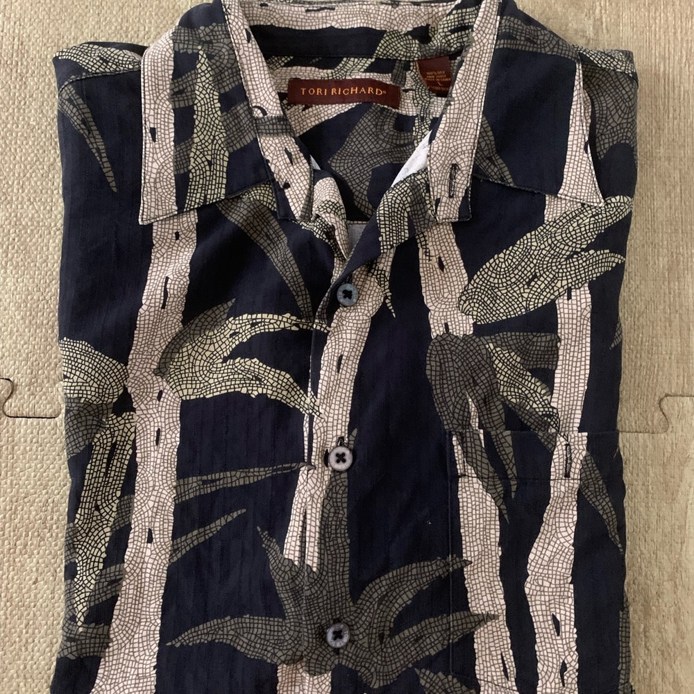 Tori Richard 100% Silk Black and Beige Bamboo Print Men’s Button-Down Shirt L - Picture 4 of 5
